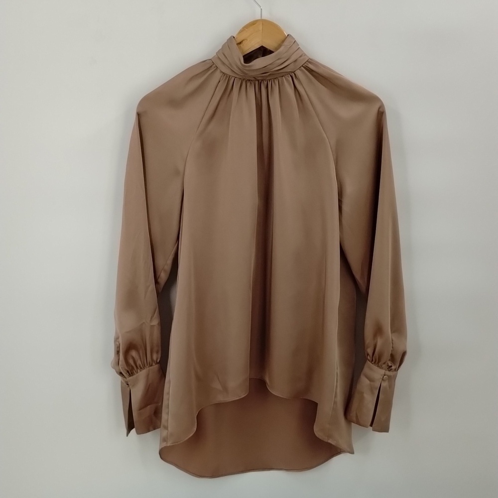 Joie Omara Mock neck blouse top size small tan long flare sleeve shimmer